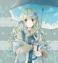  green_eyes green_hair holding long_hair original rukashima smile solo star umbrella 