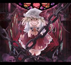  blonde_hair chain chained chains cuffs flandre_scarlet hair_ribbon hands_on_own_cheeks hands_on_own_face hat highres laevatein letterboxed magic_circle open_mouth pillar red_eyes ribbon rukashima short_hair side_ponytail skirt skirt_set skull smile solo stained_glass touhou wings wrist_cuffs 
