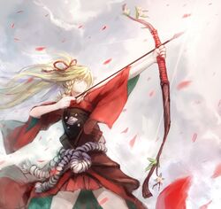  arrow blonde_hair bow_(weapon) braid flower green_eyes hair_ribbon japanese_clothes long_hair petals pixiv_fantasia pixiv_fantasia_sword_regalia ponytail ribbon ryuuzaki_itsu solo twin_braids weapon 