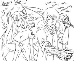  1girl bare_shoulders bat_wings bb_(baalbuddy) breasts capcom cleavage company_connection crossover demon_girl devil_may_cry devil_may_cry_4 elbow_gloves english gloves head_wings large_breasts leotard lineart long_hair monochrome morrigan_aensland mother_and_son nero_(devil_may_cry) short_hair succubus sword vampire_(game) weapon wings 