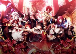  apple ascot bandages bat_wings black_hair black_legwear blonde_hair book bow brooch brown_eyes cup detached_sleeves detawings fang fighting_stance flandre_scarlet flower food fruit full_moon gohei green_eyes hair_bow hair_ribbon hair_tubes hakurei_reimu hat hat_ribbon head_wings highres hong_meiling izayoi_sakuya jewelry koakuma library maid maid_headdress moon multiple_girls night original outstretched_arm outstretched_hand red_eyes red_hair red_rose redhead remilia_scarlet ribbon rose scarlet_devil_mansion scorpion5050 shirt silver_hair single_wing skirt skirt_set spell_card stained_glass star teacup thigh-highs thighhighs touhou vines voile wings wrist_cuffs wrist_ribbon zettai_ryouiki 