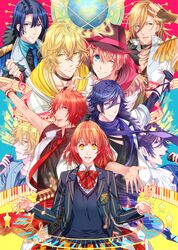  6+boys ;d blonde_hair blue_eyes blue_hair bow brown_hair character_request fingerless_gloves glasses globe gloves green_eyes hat heart heart_hands heart_hands_duo highres hijirikawa_masato holding ichinose_tokiya ittoki_otoya jinguuji_ren kurusu_shou microphone multiple_boys musical_note nanami_haruka necktie open_mouth orange_hair outstretched_arm piano_keys red_eyes red_hair redhead ribbon_choker ro-a scarf school_uniform shinomiya_natsuki smile star uta_no_prince-sama wink yellow_eyes 