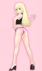  ass bare_shoulders blonde_hair coke-bottle_glasses coorie glasses glasses_removed high_heels highres legs long_hair miniskirt_pirates shoes smile solo ueyama_michirou 
