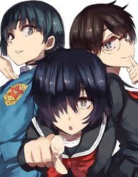  black_hair blue_eyes brown_eyes brown_hair character_request glasses hayakawa_aika jonasan multiple_girls nazo_no_kanojo_x oka_ayuko open_mouth pointing saliva school_uniform urabe_mikoto 