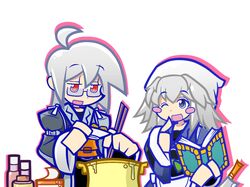  1girl adenine_(artist) ahoge apron belt blue_eyes blush_stickers book bottle chopsticks cooking cosplay food glasses izayoi_sakuya knife long_sleeves morichika_rinnosuke morichika_rinnosuke_(cosplay) open_mouth pot pouch red_eyes short_hair silver_hair simple_background soup touhou wink 