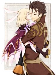  1girl alvin_(tales_of_xillia) animal_ears bad_id blonde_hair bolero boots brown_eyes brown_hair bunny_ears carrying coat cravat cropped_jacket dress elise_lutus frills height_difference kamihara_yuu kiss purple_legwear short_hair smile tales_of_(series) tales_of_xillia thigh-highs thigh_boots thighhighs wink 