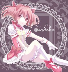  bow character_name gloves kaname_madoka mahou_shoujo_madoka_magica nagitoki open_mouth pink_eyes pink_hair sitting solo twintails 