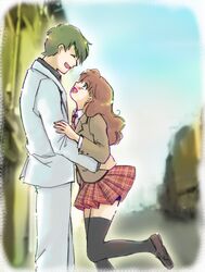  age_difference black_legwear blazer blue_eyes blush brown_hair closed_eyes couple eyes_closed formal freckles fushigi_no_umi_no_nadia height_difference hug kakegawa_minato long_hair looking_up marie_en_carlsberg necktie plaid plaid_skirt sanson skirt smile spoilers suit thigh-highs thighhighs uniform white_suit zettai_ryouiki 