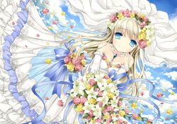  blonde_hair blue_eyes bouquet breasts bridal_veil dress elbow_gloves flower gloves holding long_hair original petals ribbon smile solo tears veil wataame27 wedding_dress white_gloves 