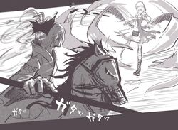  bonnet candeloro comic die_(artist) drill_hair fiery_hair hair_ribbon horse mahou_shoujo_madoka_magica multiple_girls ophelia_(madoka_magica) pantyhose polearm ponytail ribbon short_hair spear spoilers striped striped_legwear tomoe_mami twin_drills weapon 