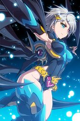  alternate_costume armpits bat batman belt blue_eyes boots breasts cape detached_sleeves frown hair_ornament hairpin heterochromia iri_flina lowres masinhwangje multicolored_eyes no_eyepatch outstretched_arms red_eyes short_hair sword_girls white_hair 