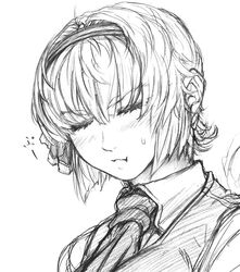  1girl :t ascot blush closed_eyes hair_ribbon hairband imizu_(nitro_unknown) konpaku_youmu monochrome pout ribbon short_hair sketch solo sweatdrop touhou 