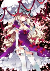  1girl blonde_hair bow breasts cleavage detached_sleeves dress garter_straps hair_bow hat hat_ribbon ichiyou_moka large_breasts long_hair looking_at_viewer ribbon smile solo thigh-highs touhou umbrella violet_eyes white_legwear yakumo_yukari 