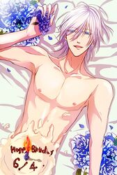  amnesia_(idea_factory) blue_eyes blue_rose cake candle flower food ikki_(amnesia) lying male rose shirtless smile solo suguru-sss white_hair 