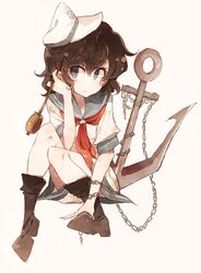  anchor blue_eyes boots chain chains hat hato_satobeni hisona_(suaritesumi) ladle murasa_minamitsu sailor sailor_hat short_hair shorts simple_background sitting solo touhou 