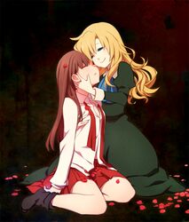  blonde_hair blue_eyes brown_hair closed_eyes dress eve_(ib) eyes_closed highres hug ib ib_(ib) kneeling long_hair mary_(ib) multiple_girls petals pleated_skirt sabo_(fuya_2) skirt 