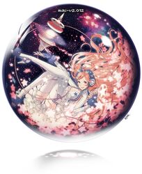  ahoge dress fingerless_gloves frills gloves headphones high_heels highres kozaki_yuusuke long_hair looking_at_viewer microphone red_eyes red_hair redhead sf-a2_miki shoes sky smile solo star star_(sky) starry_sky thigh-highs thighhighs vocaloid white_legwear 