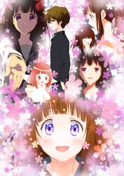  1girl black_hair chibi chiririn chitanda_eru closed_eyes collage eyes_closed flower gakuran green_eyes hyouka long_hair oreki_houtarou purple_eyes school_uniform serafuku smile tears violet_eyes 