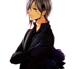  amnesia_(idea_factory) blue_eyes blue_rose flower formal gloves grey_hair ikki_(amnesia) male necktie ouka_mai rose smile solo suit white_background 