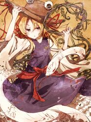  blonde_hair bow grey_eyes hair_ribbon hat hato_satobeni hisona_(suaritesumi) mishaguji moriya's_iron_rings moriya's_iron_rings moriya_suwako ribbon short_hair snake solo touhou 