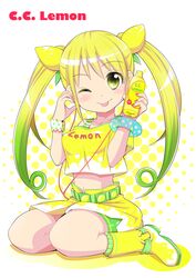  :p ;p belt blonde_hair blush boots bottle breasts c.c._lemon c.c._lemon_(character) earbuds earphones food fruit gradient_hair hair_ornament halftone halftone_background lemon long_hair looking_at_viewer multicolored_hair nail_polish navel sitting smile solo tongue twintails two-tone_hair uta_(kuroneko) wink wristband yellow_eyes 