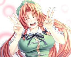  bow breasts bust chinese_clothes double_v hat hong_meiling kinntarou large_breasts long_hair red_hair redhead smile solo star touhou v 