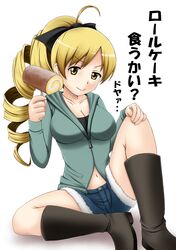  blonde_hair boots breasts casual cleavage cosplay denim denim_shorts drill_hair fuuma_nagi hair_ribbon hoodie large_breasts long_hair mahou_shoujo_madoka_magica navel ponytail ribbon roll_cake sakura_kyouko sakura_kyouko_(cosplay) short_shorts shorts solo swiss_roll tomoe_mami 