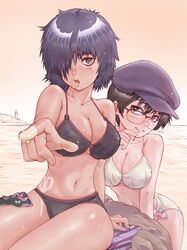  :o absurdres arched_back arm_support bare_shoulders bikini black_eyes black_hair blush breasts brown_hair cleavage finger_to_mouth foreshortening glasses hair_over_one_eye hat head_tilt heart highres large_breasts multiple_girls navel nazo_no_kanojo_x o-ring_top ocean oka_ayuko over-rim_glasses red-framed_glasses revision rock saliva saliva_trail scissors semi-rimless_glasses shiny shiny_skin short_hair sitting strap_gap sun_tattoo swimsuit tan tanline urabe_mikoto water yoshikawa_kazunori 