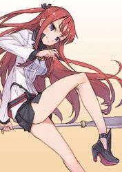  aruka bare_legs belt blush hair_ribbon long_hair looking_at_viewer matsuryuu miniskirt redhead ribbon skirt smile solo summon_night summon_night_5 violet_eyes weapon 