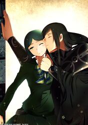  1girl black_hair bob_cut cheek_kiss fate/zero fate_(series) genderswap green_hair ionioi_hetairoi jeran_(ggokd) kiss short_hair skirt waver_velvet 