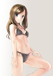  bare_shoulders bikini black_bikini blue_eyes breasts brown_hair cleavage katahira_masashi leg_up long_hair navel original side-tie_bikini simple_background sketch smile solo swimsuit 