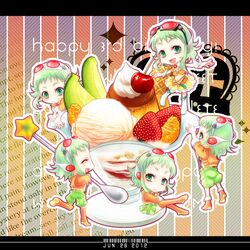  cake chibi dated food fruit goggles goggles_on_head green_eyes green_hair gumi happy_birthday megpoid_(vocaloid3) minigirl mizuki_ryou_(holic) multiple_girls multiple_persona short_hair smile strawberry vocaloid 