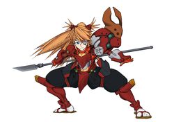  adapted_costume alternate_costume armor brown_hair eva_02 eyepatch fighting_stance hair_ornament hashibami_arata highres mixed_media neon_genesis_evangelion polearm ponytail samurai_armor sandals soryu_asuka_langley souryuu_asuka_langley tabi weapon 