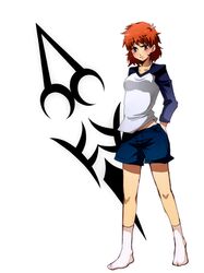  1nagaosa blush command_spell emiya_shirou fate/stay_night fate_(series) genderswap no_shoes red_hair redhead short_hair shorts socks solo yellow_eyes 