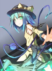  adapted_costume aqua_hair blue_hair bow breasts detached_sleeves green_eyes hat hat_bow ichiyan komeiji_koishi light_smile multicolored_hair short_hair sideboob smile solo third_eye touhou two-tone_hair 