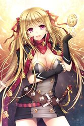  belt blonde_hair bow breasts cape coin detached_sleeves hair_ribbon long_hair mauve open_mouth red_eyes ribbon scarf schindler_k_eru smile solo sword sword_girls twintails very_long_hair weapon 
