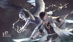  black_hair blue_eyes gloves jewelry long_hair male multiple_boys necklace pixiv_fantasia pixiv_fantasia_sword_regalia pointy_ears rain robinexile short_hair sword weapon white_hair wings yellow_eyes 