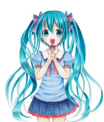  1girl aqua_eyes aqua_hair bow hair_bow hatsune_miku heart karin_jadestern long_hair marker_(medium) millipen_(medium) skirt solo traditional_media twintails very_long_hair vocaloid white_background 