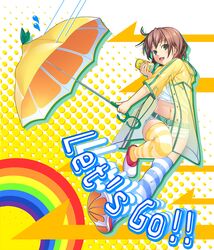  brown_hair c.c._lemon c.c._lemon_(character) can green_eyes jacket midriff navel original rainbow sakingu short_hair short_shorts shorts solo striped striped_legwear thigh-highs thighhighs umbrella 