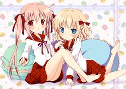  2girls barefoot blonde_hair blue_eyes cushion long_hair multiple_girls original pink_eyes pink_hair ribbon school_uniform short_hair sitting twintails 