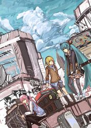  :3 adidas amplifier aqua_eyes aqua_hair bike_shorts black_legwear blonde_hair bubblegum drumsticks dutch_angle electric_guitar guitar hair_ornament hairclip hatsune_miku headphones hifiman highres instrument kagamine_rin long_hair megurine_luka mouth_hold multiple_girls necktie pan!ies pantyhose pink_hair pocky shoes shorts skirt sneakers socks speaker sweater thigh-highs thighhighs vacuum_tube very_long_hair vocaloid zettai_ryouiki 