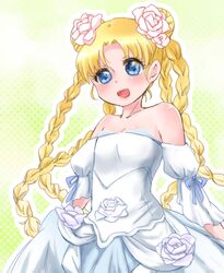  bare_shoulders blonde_hair blue_eyes blush double_bun dress flower gruier_serenity hair_flower hair_ornament long_hair miniskirt_pirates mutou_(canaria) mutou_mato open_mouth quad_braids solo 