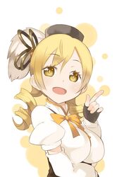  1girl beret blonde_hair breasts detached_sleeves fingerless_gloves gloves hair_ornament hat magical_girl mahou_shoujo_madoka_magica open_mouth ribbon solo tomoe_mami yellow_eyes yuuzii 