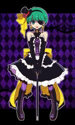  alternate_costume argyle argyle_background bare_shoulders black_dress black_gloves blue_eyes boots bow cane choker cross-laced_footwear dress earrings elbow_gloves eyepatch flower frills gloves gothic_lolita green_eyes green_hair hairband hat jewelry katsuma_rei kazuki_mai lace-up_boots lolita_fashion magical_emi mahou_no_star_magical_emi pantyhose pink_rose purple_background purple_legwear ribbon rose short_hair smile solo top_hat 