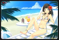  :o anklet ball barefoot beach beachball bikini black_hair blush breasts chitanda_eru cleavage drink feet flower hair_flower hair_ornament hyouka jewelry long_hair lounge_chair navel purple_eyes shiny shiny_skin strap_gap strap_lift swimsuit toes underboob viewfinder violet_eyes yuragi_(amriel) 