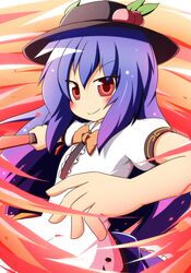  blue_hair blush bow food frills fruit hat hinanawi_tenshi leaf long_hair peach red_eyes senba_chidori short_sleeves smile solo sword sword_of_hisou touhou very_long_hair weapon 
