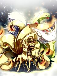  alternate_costume breasts brown_eyes brown_hair choker cleavage commentary dewgong flipped_hair high_heels highres kotone_(pokemon) meganium midriff ninetales pokemon pokemon_(game) pokemon_hgss sa-dui shoes skirt snow snowing togekiss umbreon 