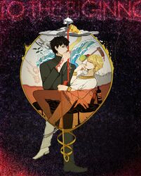  apple blonde_hair bottle brown_hair chain chains cometrip command_spell cross fate/zero fate_(series) field_of_blades fireball food fruit gilgamesh goblet kotomine_kirei male multiple_boys red_eyes water wine 