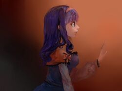 bangs blank_(827867) blue_eyes blunt_bangs bow card_captor_sakura cardcaptor_sakura child daidouji_tomoyo dark hairband lace long_sleeves open_hand orange_background parted_lips profile purple_hair solo tears teenage 
