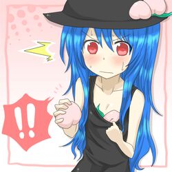 1girl blue_hair blush collarbone flat_chest food fruit hat hinanawi_tenshi leaf long_hair nobamo_pieruda peach red_eyes solo sweat sweatdrop touhou very_long_hair 